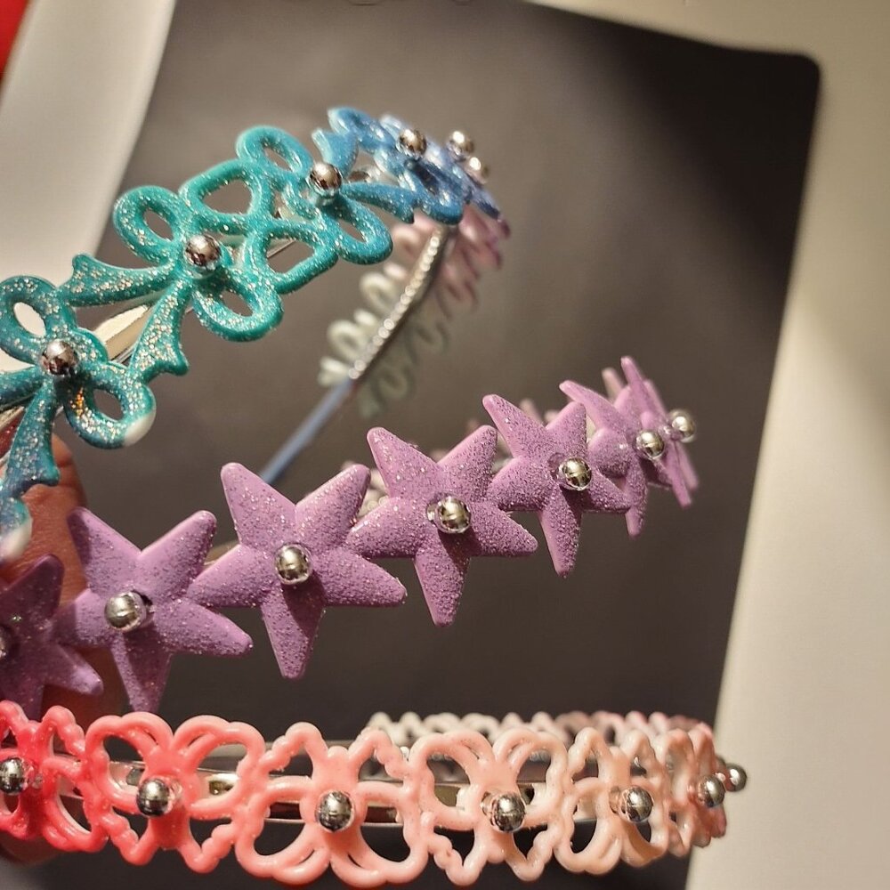 Colorful Glitter Star & Flower Design Headbands Set Of 3 For Women Or Girls-NEW